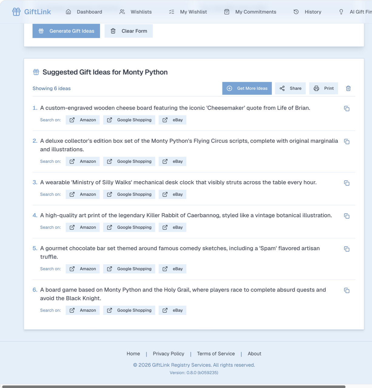 AI-generated gift suggestions presented in an easy-to-scan list.