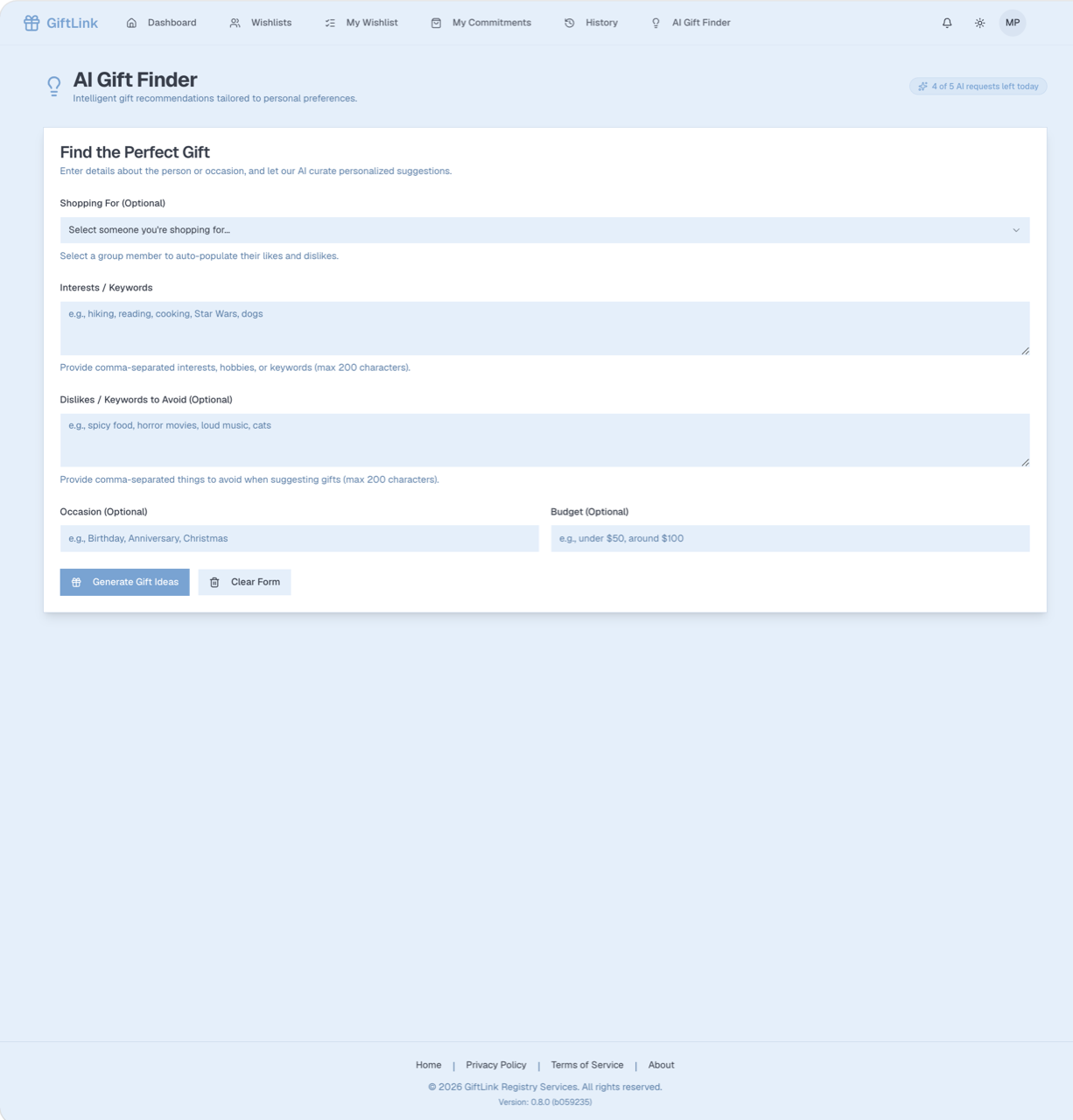 The AI Gift Finder form used to generate personalized gift ideas.