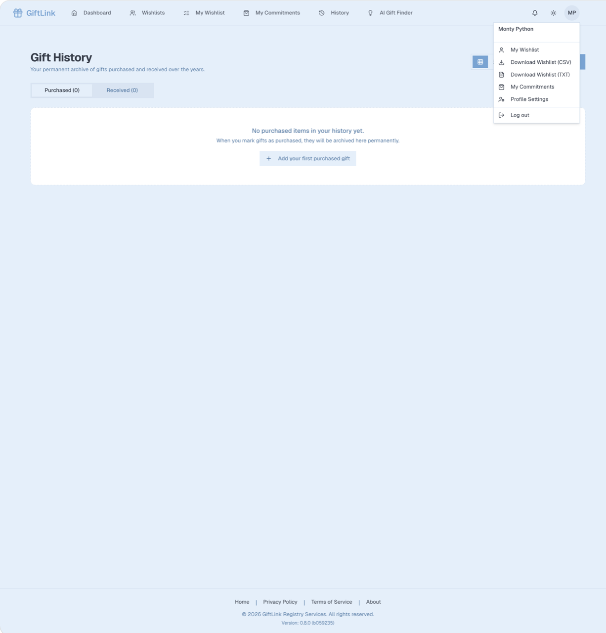 Gift history timeline with the user account menu open.