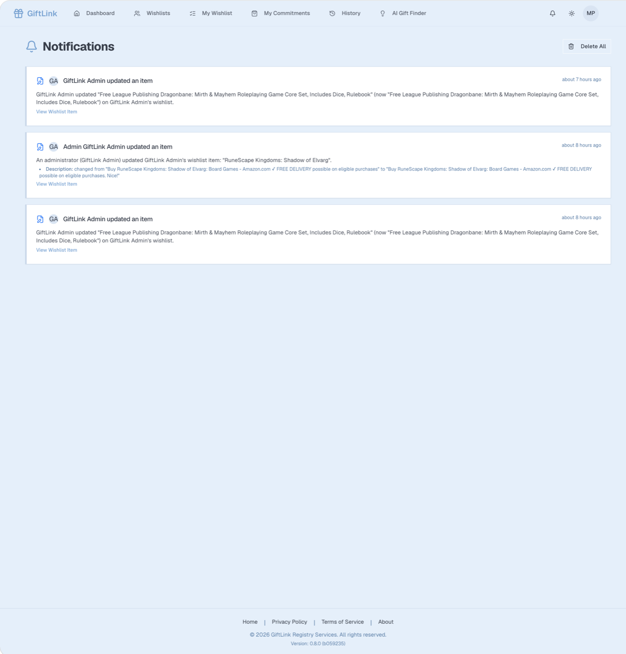 The in-app notifications center with updates about wishlists and reservations.