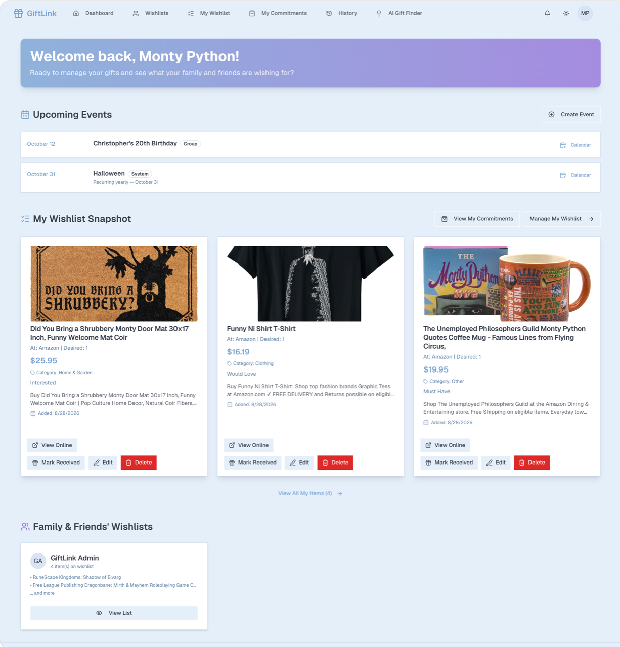 GiftLink user dashboard showing an overview of wishlists, commitments, and activity.