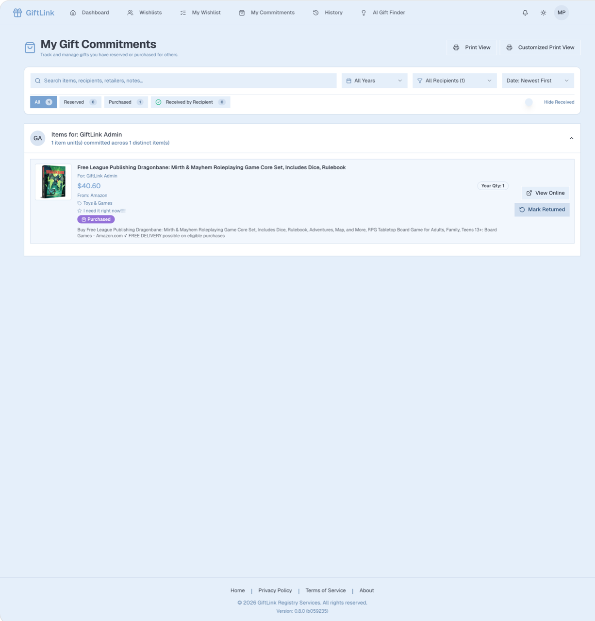 The My Commitments screen tracks the gifts a user has purchased or reserved to purchase later.