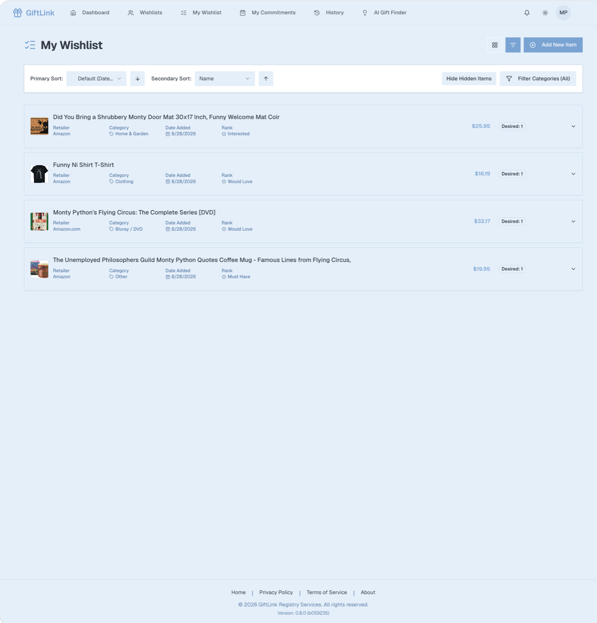 User's wishlist displayed in a clean grid layout with item details.
