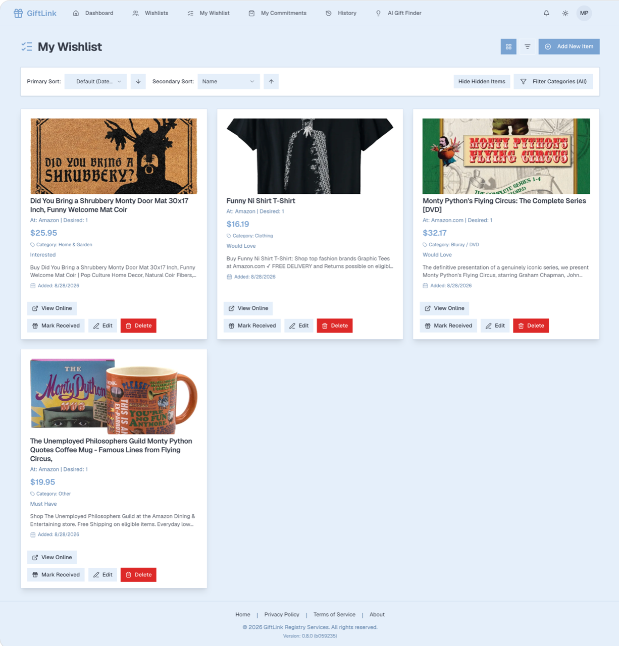 User's wishlist shown as rich tiles with images and pricing information.