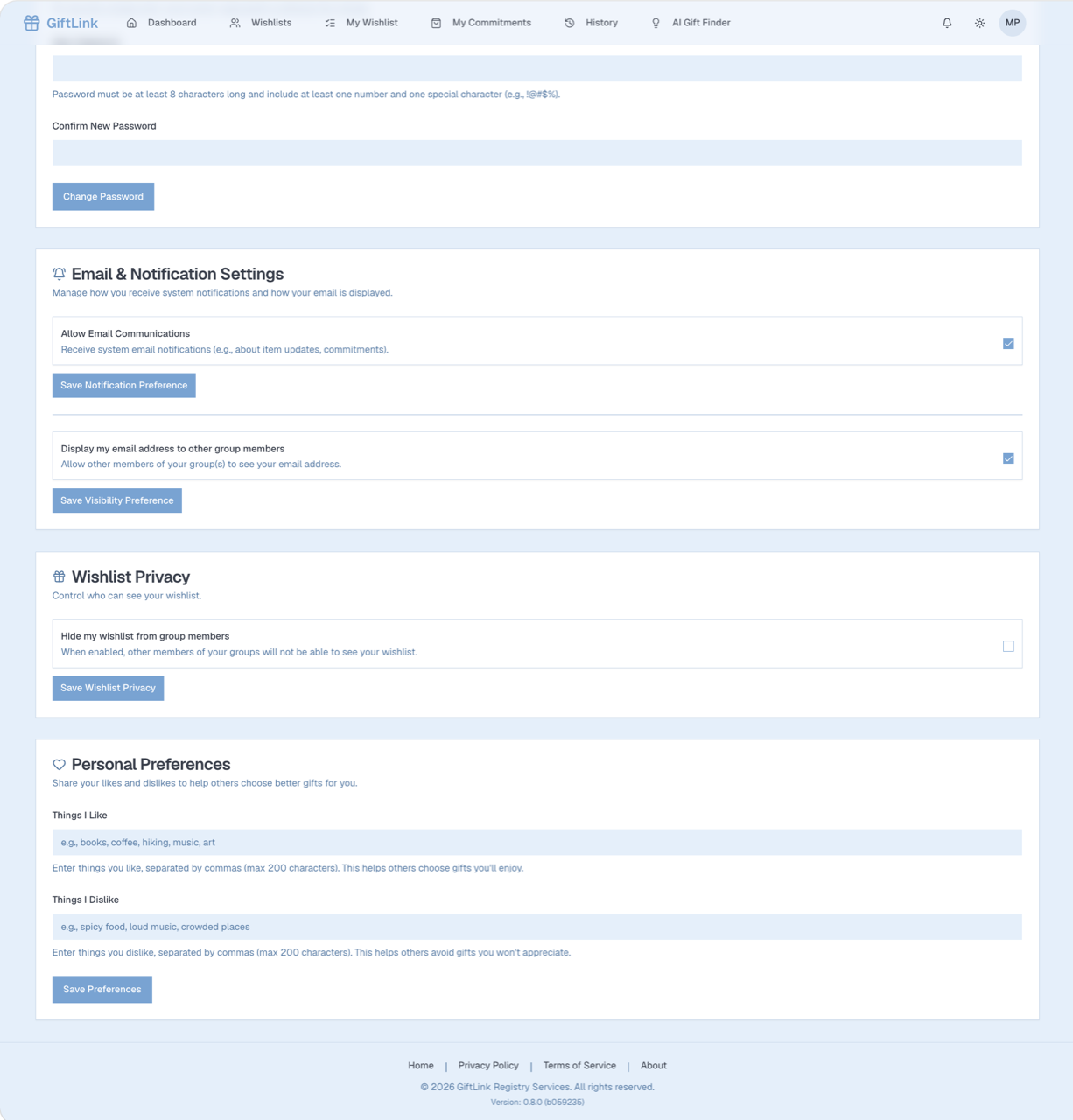 User preference settings showing account and notification controls.