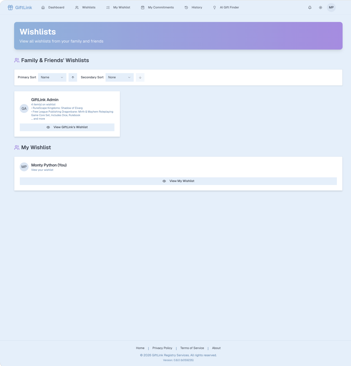 The Wishlists screen listing all wishlists in the user's group.